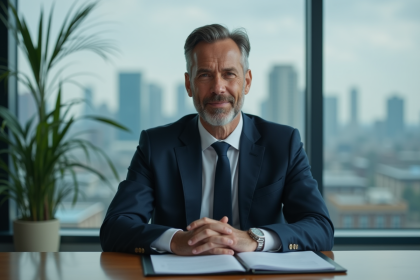 Homme d affaires assis au bureau avec expression neutre