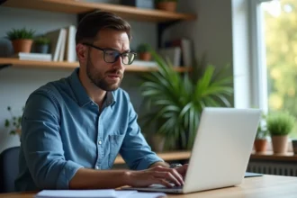 Homme en bureau moderne regardant son ordinateur portable