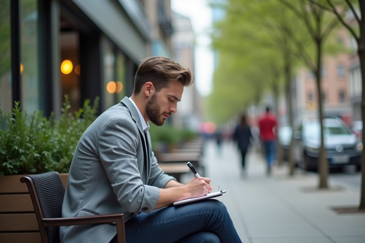 Homme prenant des notes dans un café en extérieur