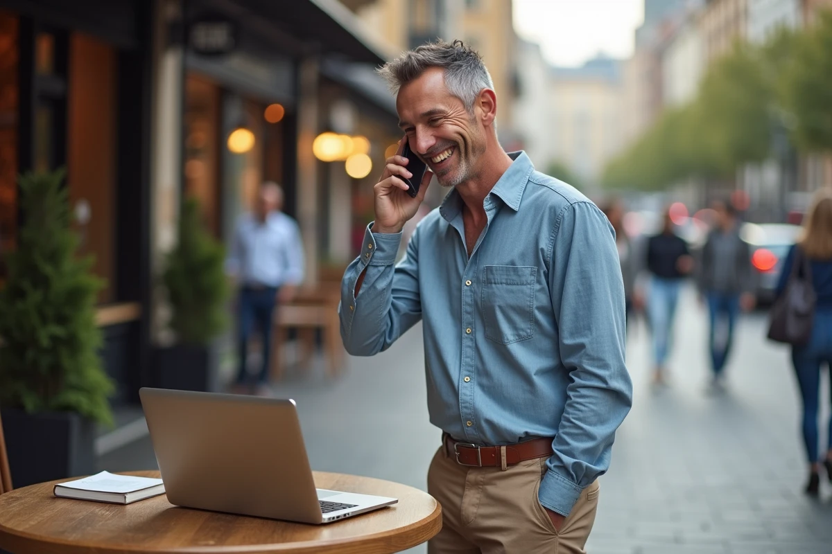 Homme souriant au café urbain en téléphonant