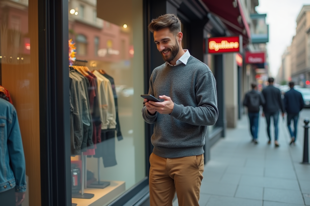 Homme comparant deux produits devant une vitrine urbaine