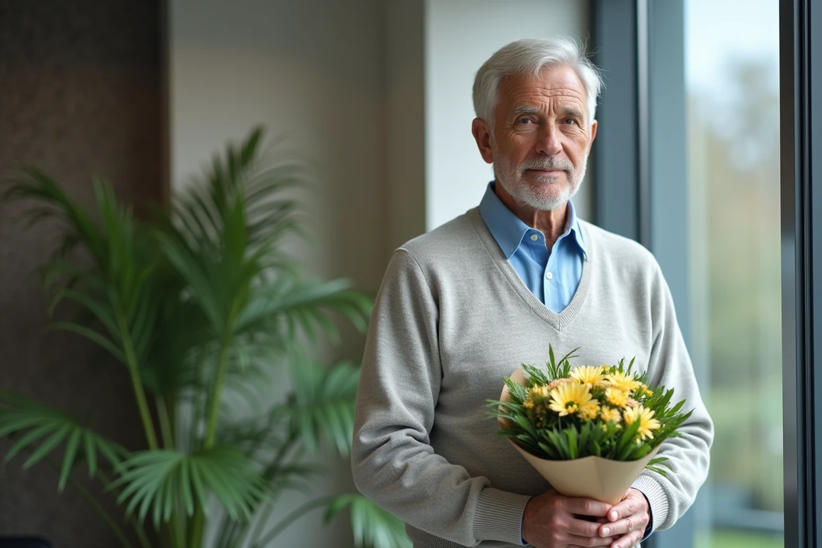 Homme d age moyen tenant un bouquet de condoleances