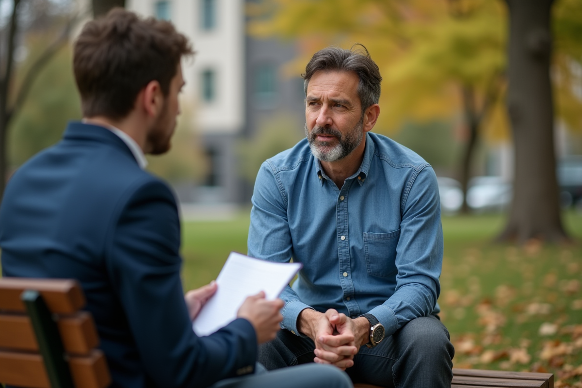 Homme en discussion avec un conseiller en milieu urbain