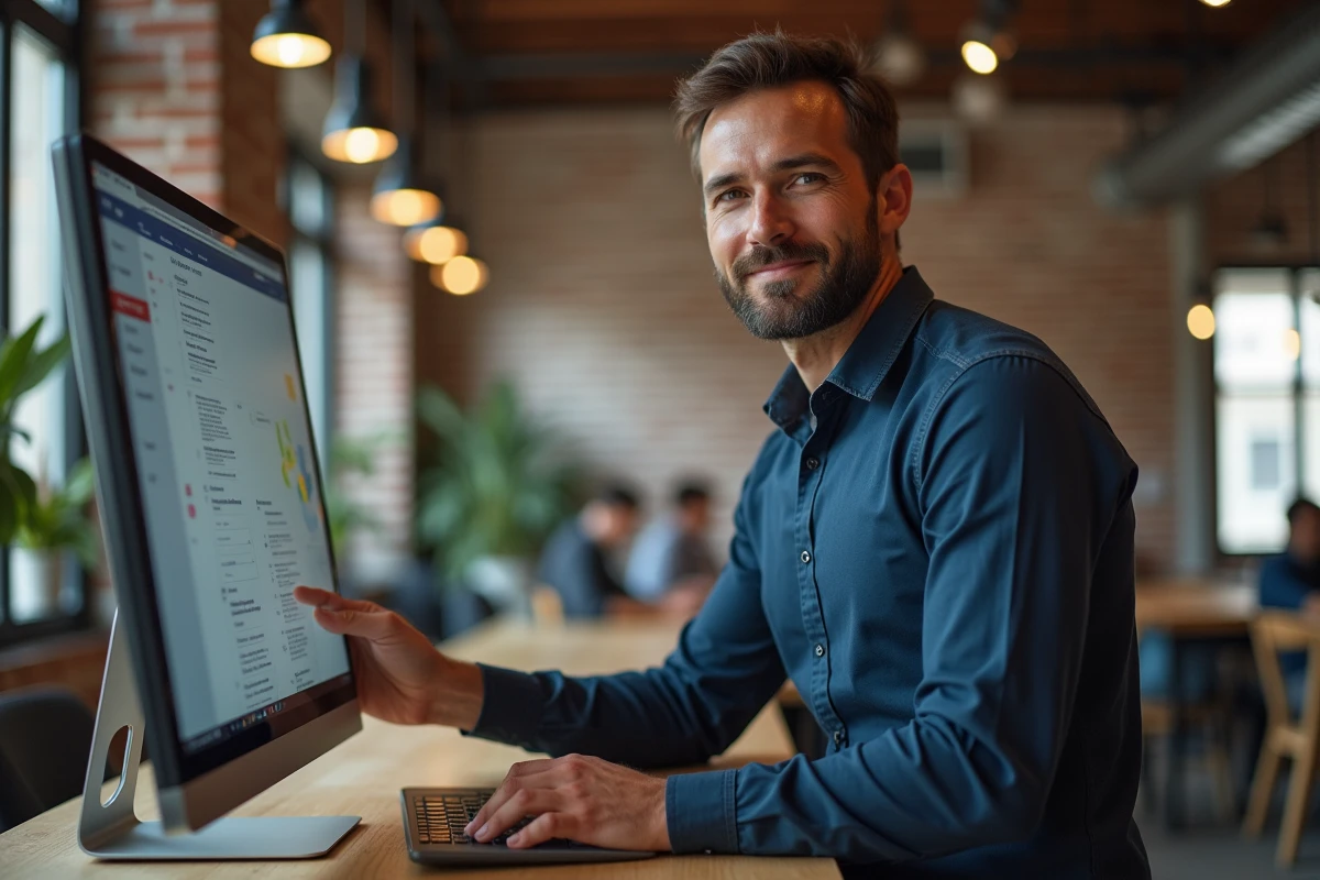 Homme en train d'explorer une interface web sur un écran d'ordinateur dans un espace de coworking moderne
