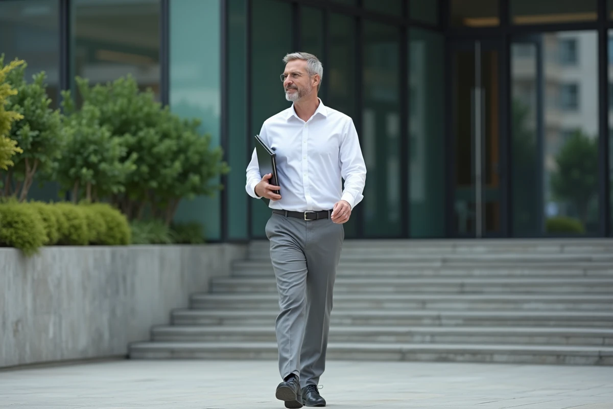 Homme marchant avec un ordinateur portable devant un bâtiment