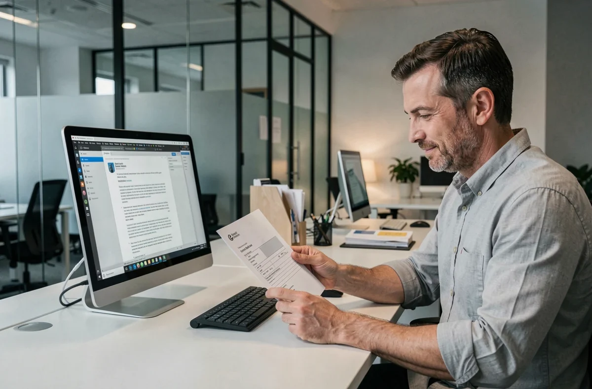 Homme consultant un formulaire de contact imprimé dans un bureau professionnel moderne