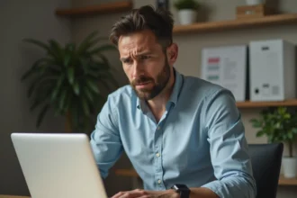 Homme inquiet travaillant sur son ordinateur à la maison