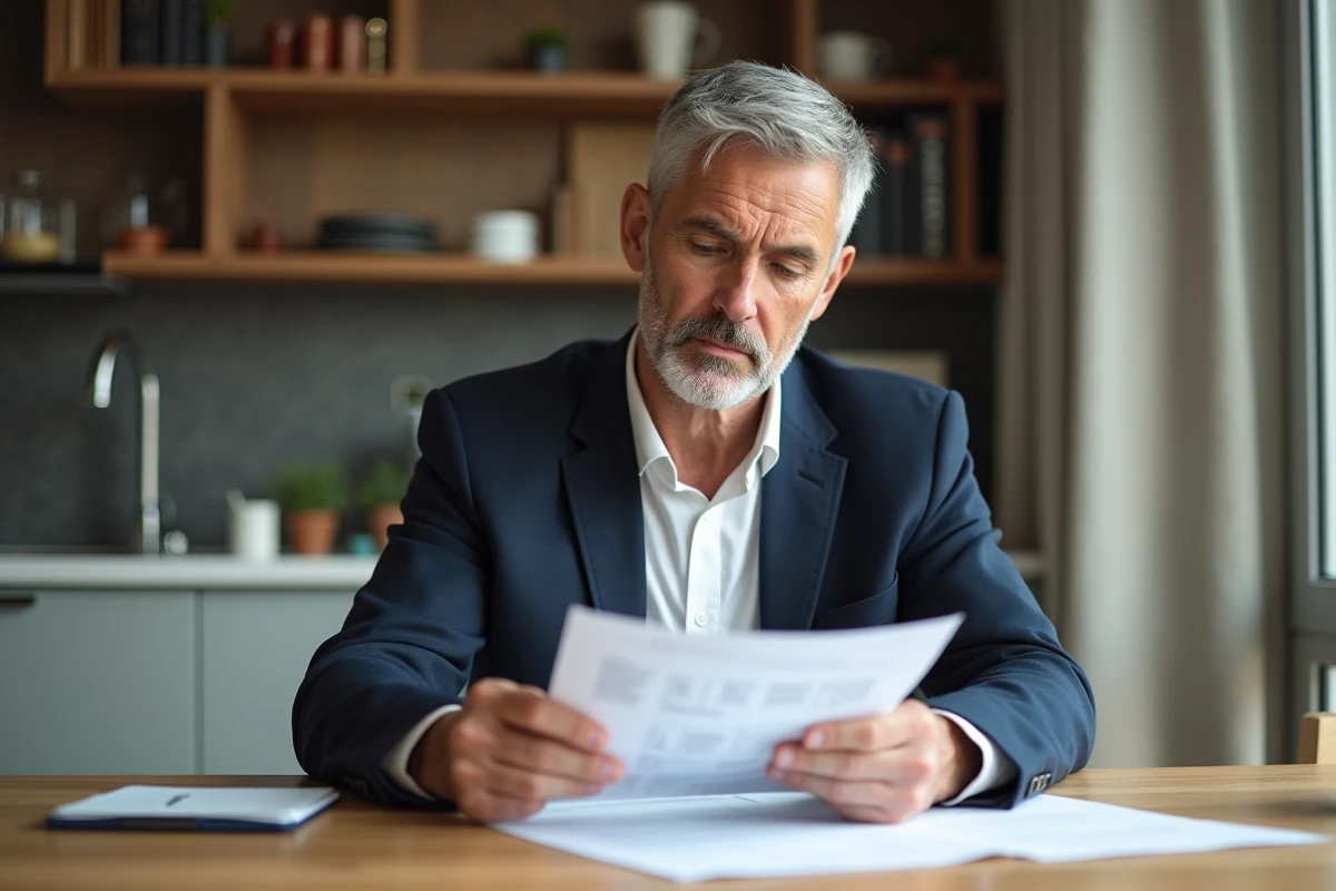 Homme d'âge moyen lisant des documents immobiliers dans un intérieur moderne