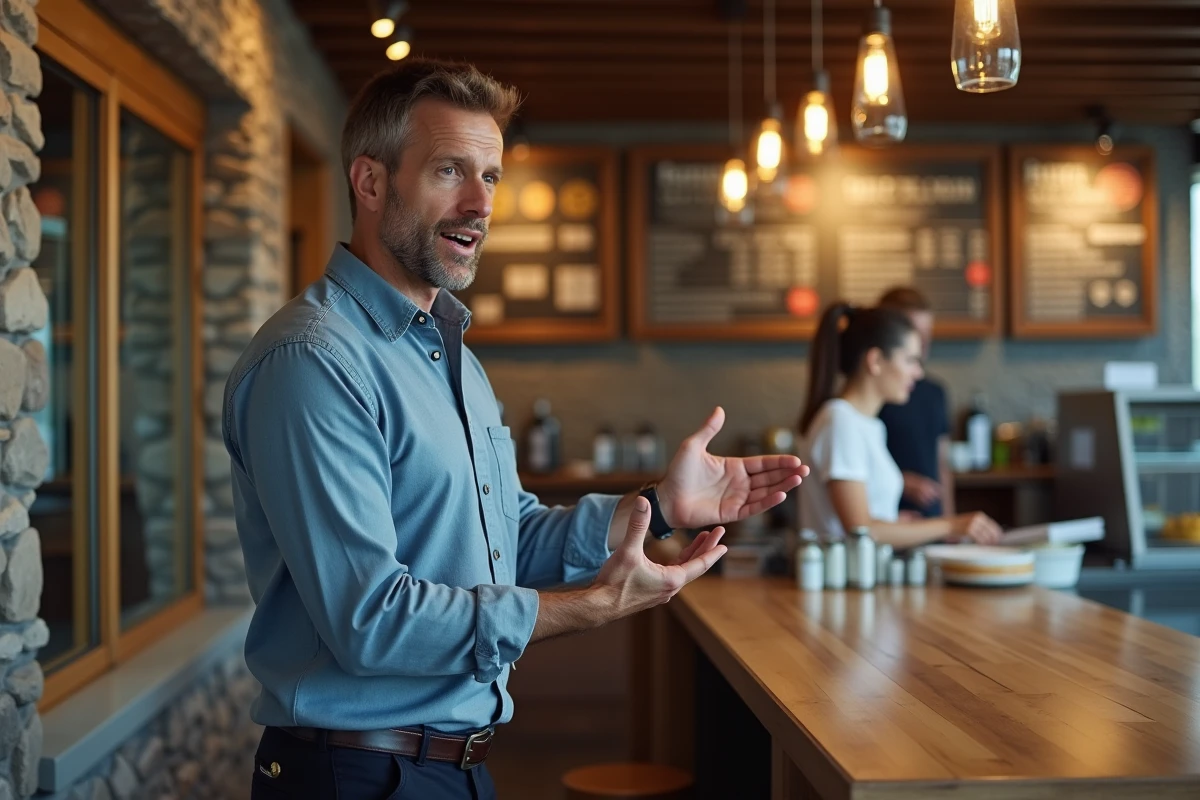 Homme local expliquant un rumor dans un fast food moderne