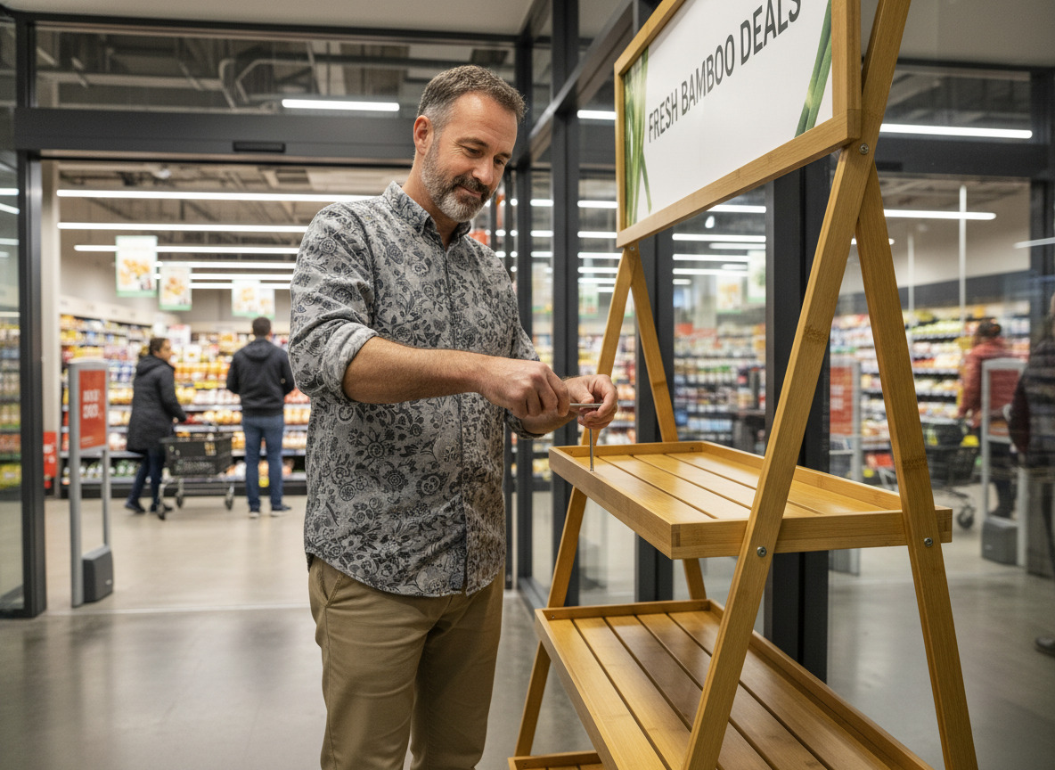 Homme assemble un stand en bambou devant un supermarche