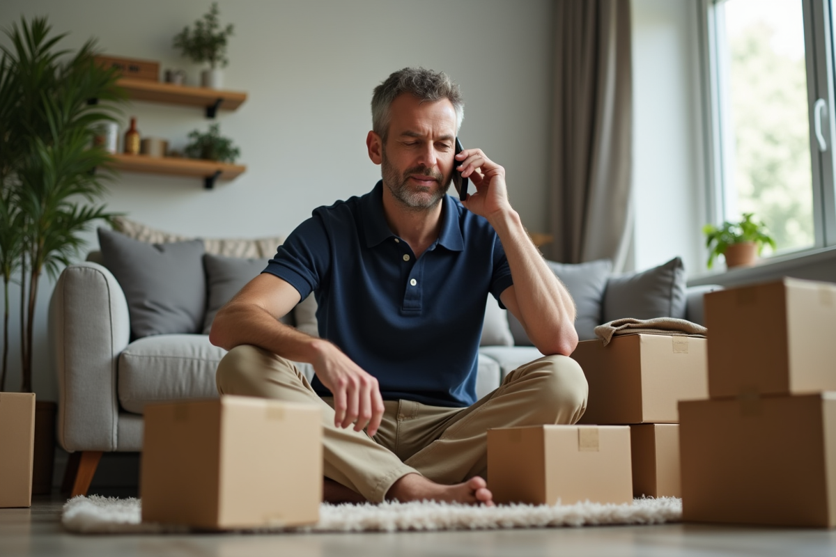 Homme parlant au téléphone en organisant des colis chez lui