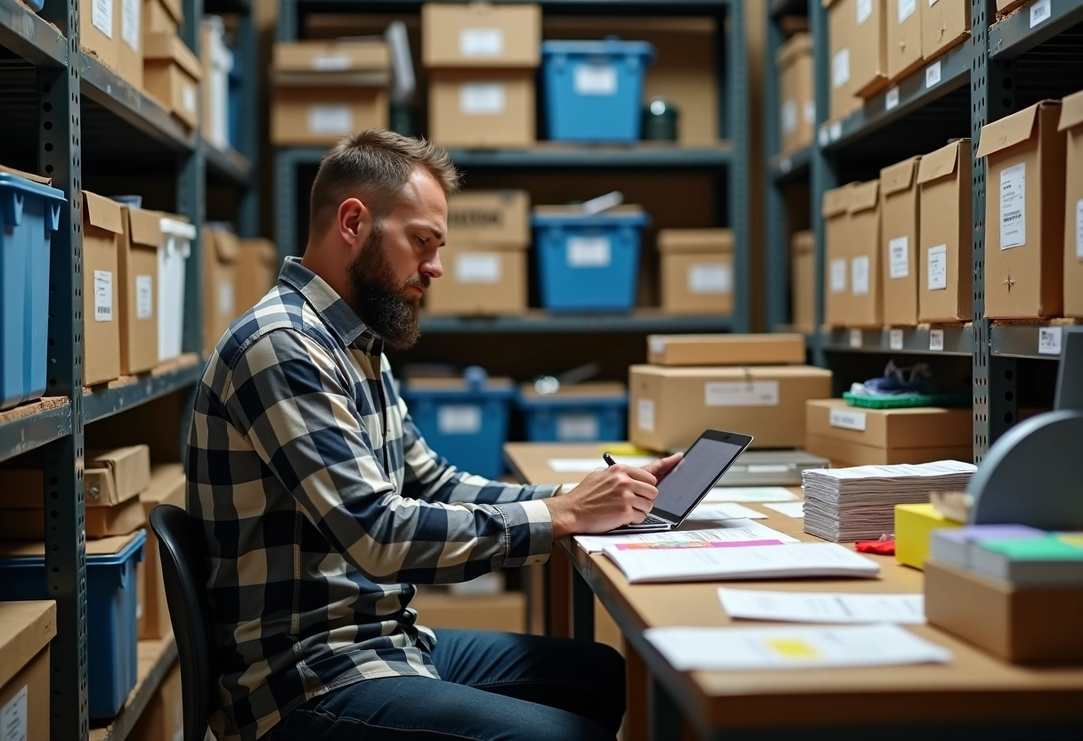 Homme vérifiant des bacs de stockage dans un stock