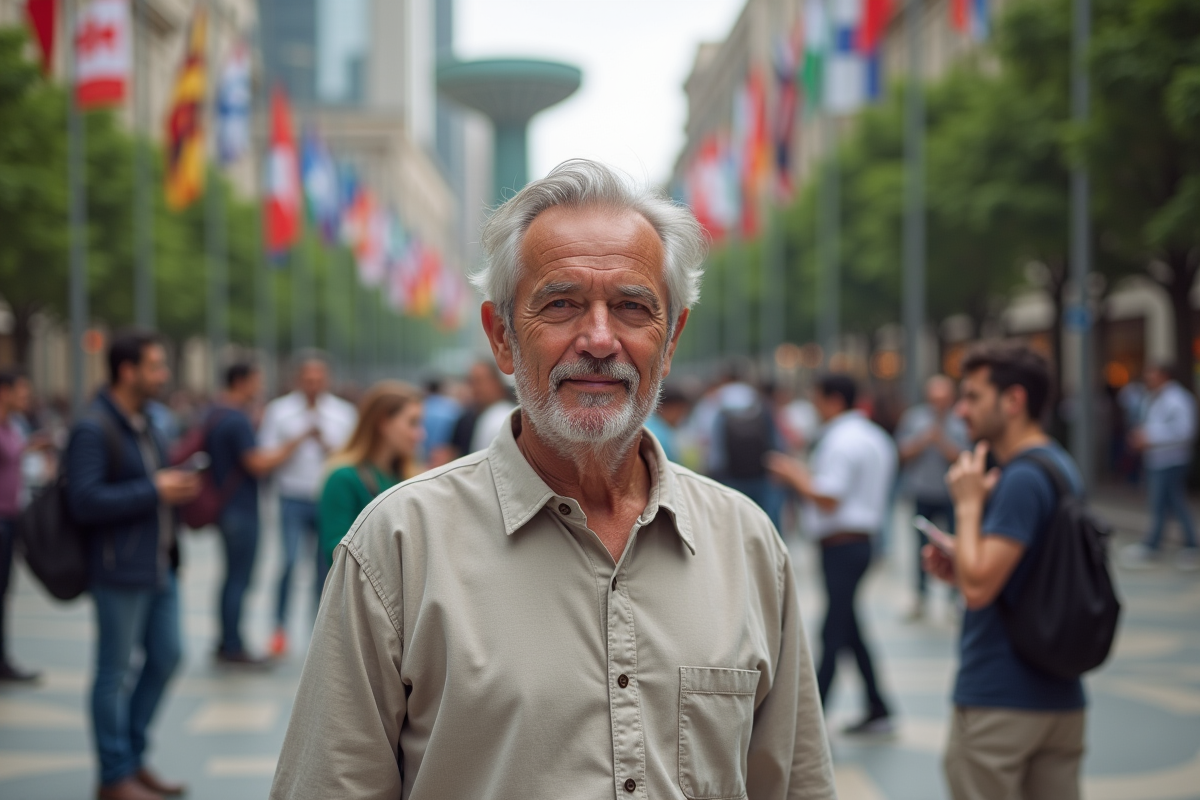 Homme âgé dans une place animée avec des gens et des drapeaux