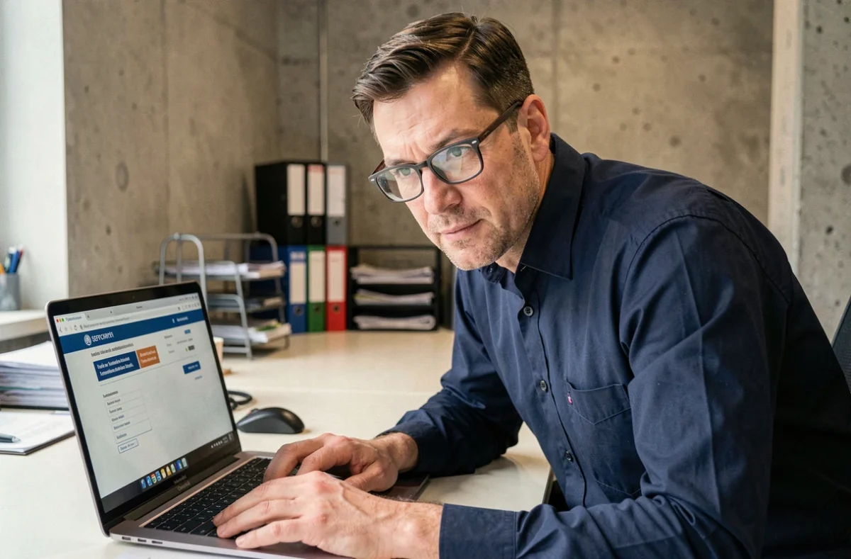 Homme avec lunettes consultant le portail URSSAF en ligne sur un ordinateur portable dans un bureau professionnel