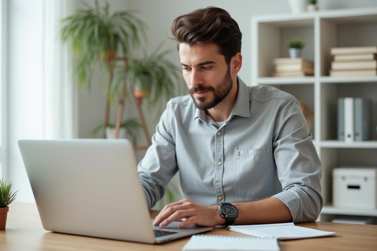 Homme rédigeant un email professionnel avec un ordre du jour de réunion dans un bureau à domicile