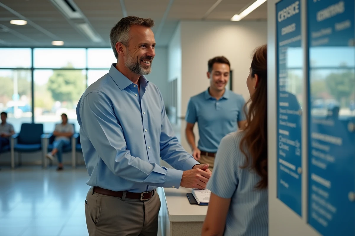 Homme d âge moyen parle avec un agent au centre d information