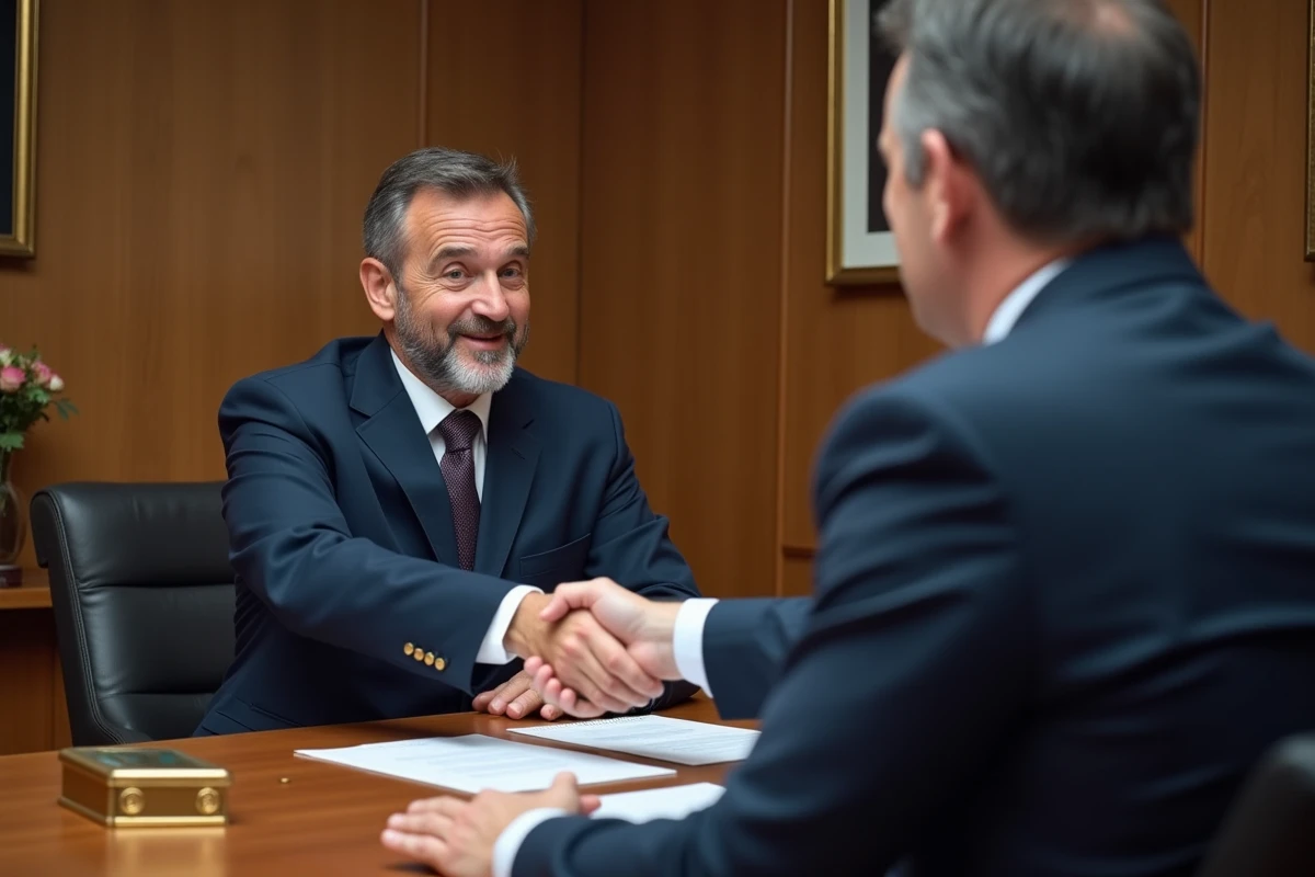 Homme en uniforme et responsable RH se serrant la main