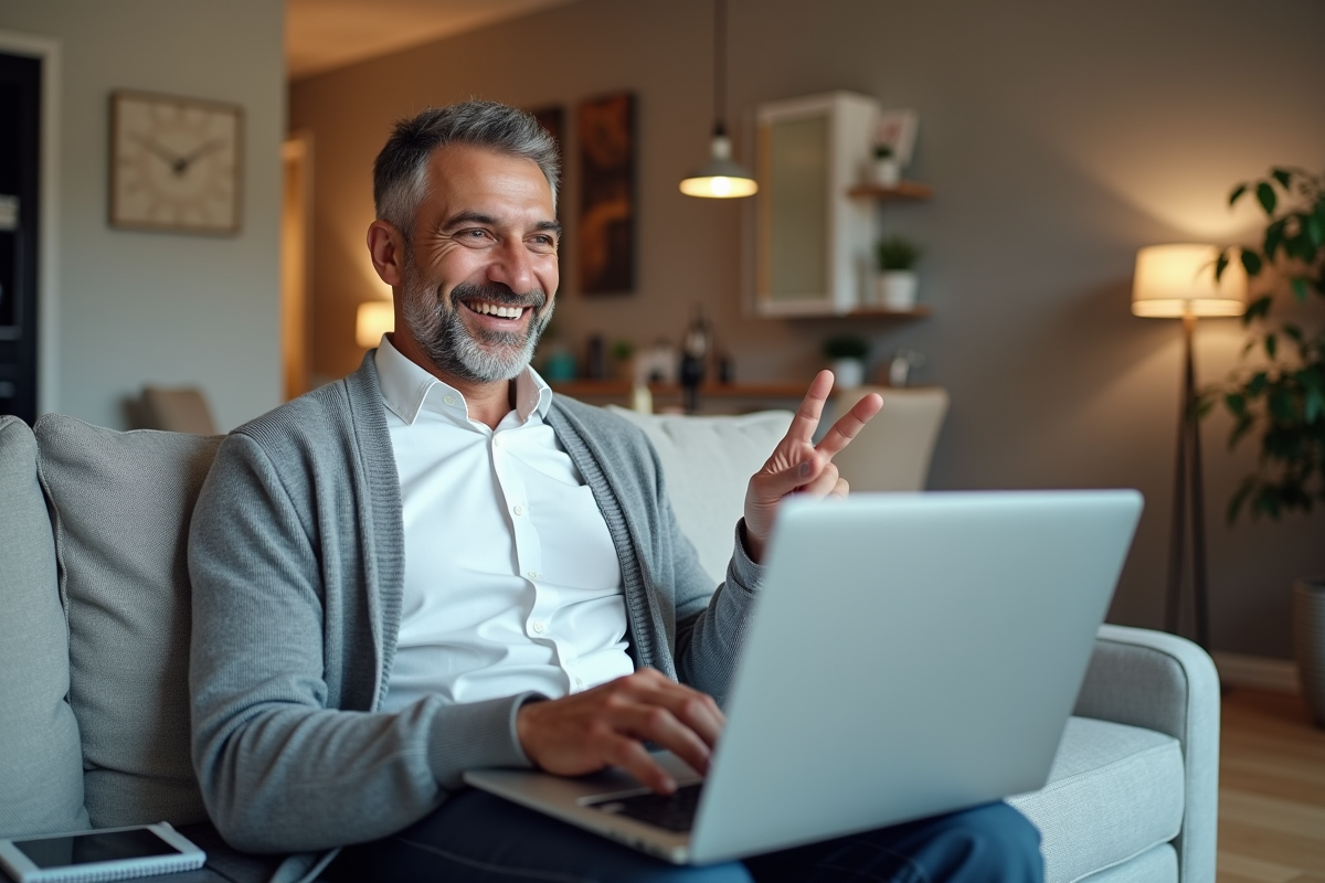 Homme en visioconference dans un salon moderne
