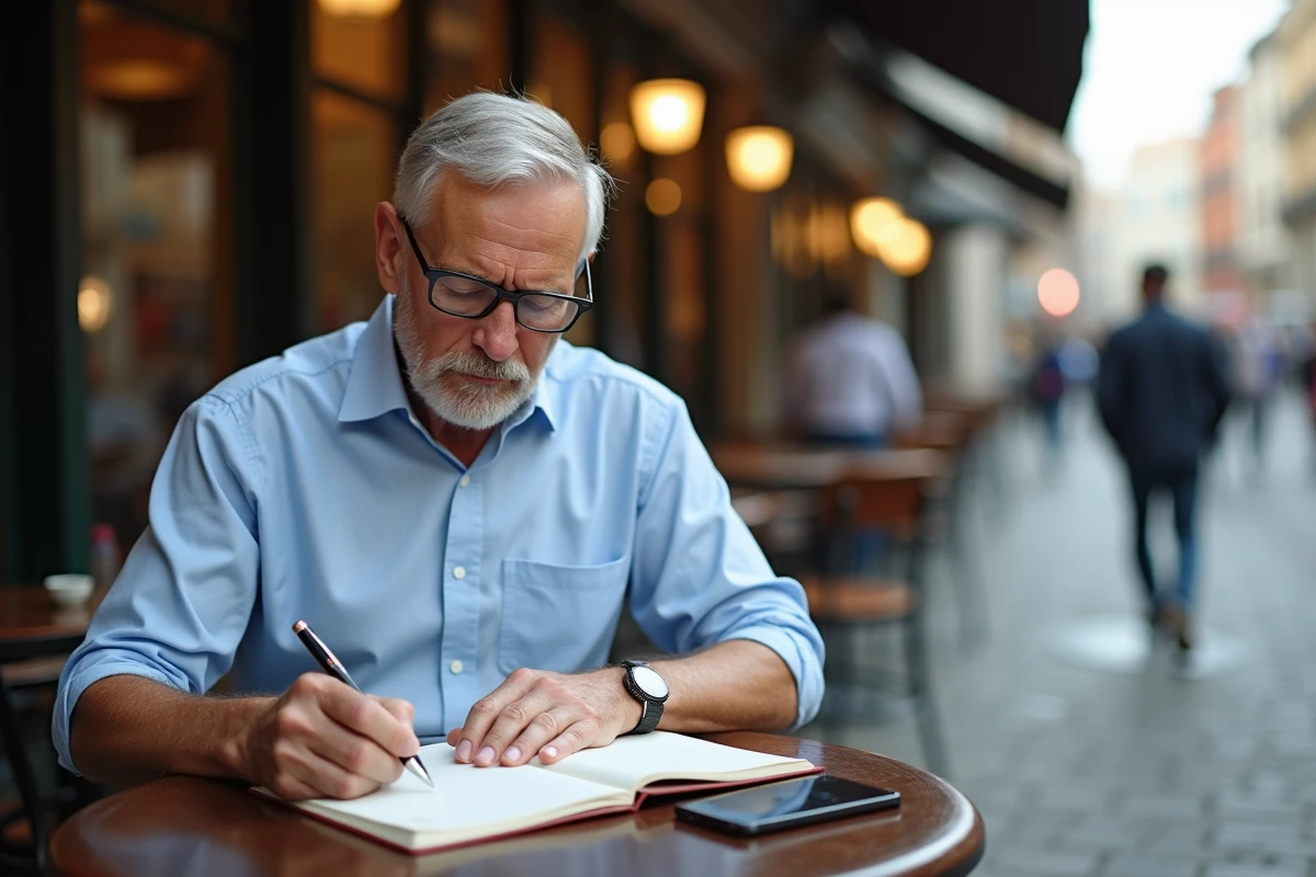 Homme d age écrivant dans un agenda au café en plein air
