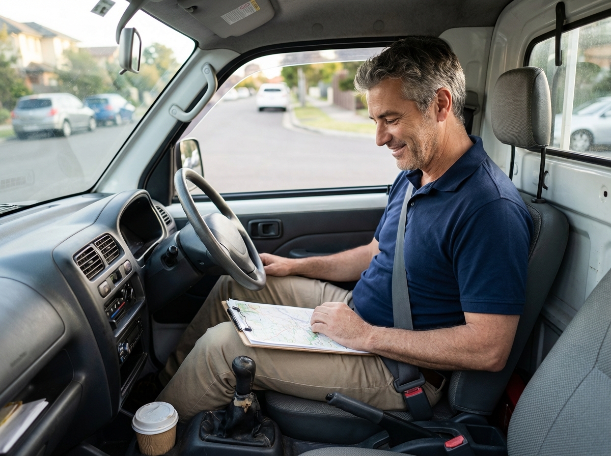 Homme souriant dans la camionnette de livraison