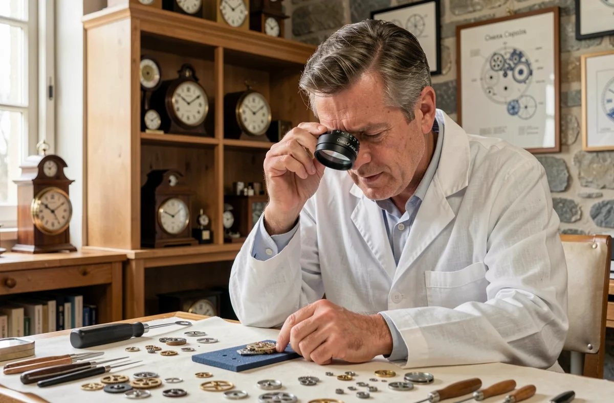 Horloger suisse examinant un mouvement de montre Omega avec une loupe dans un atelier traditionnel de haute horlogerie