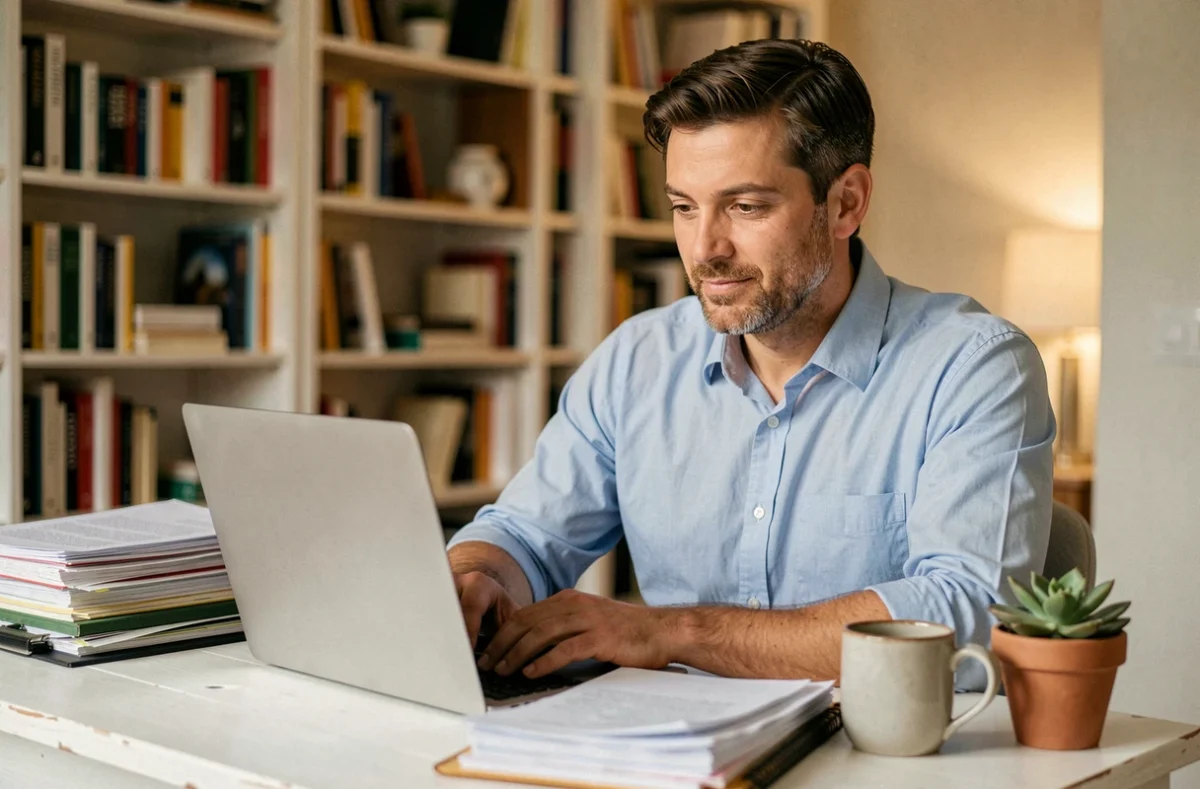 Travailleur indépendant en portage salarial gérant son activité depuis un bureau à domicile