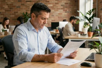Travailleur indépendant en portage salarial examinant un contrat dans un espace de coworking moderne