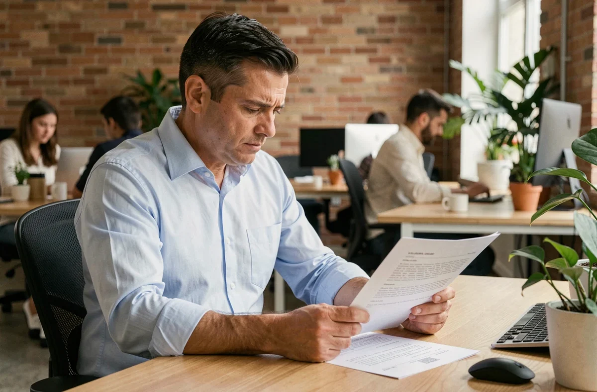 Travailleur indépendant en portage salarial examinant un contrat dans un espace de coworking moderne