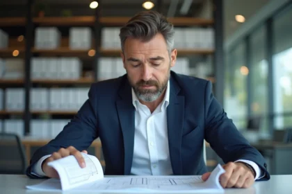 Ingénieur homme en bureau avec plans et dossiers techniques