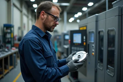 Ingénieur examinant une pièce usinée devant une commande numérique CNC dans un atelier industriel moderne