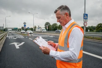Ingénieur des travaux publics examinant un document d'indice TP08 sur une route asphaltée en milieu urbain