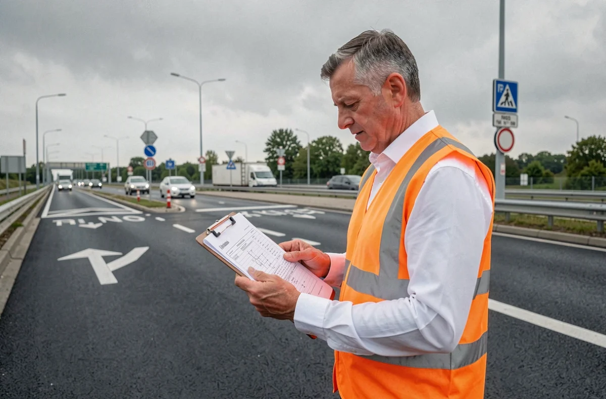 Ingénieur des travaux publics examinant un document d'indice TP08 sur une route asphaltée en milieu urbain
