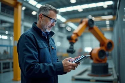 Ingénieur en industrie avec tablette et robot industriel