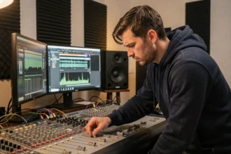Ingénieur du son concentré devant une console de mixage dans un studio d'enregistrement professionnel, analysant la cohérence de son mix audio