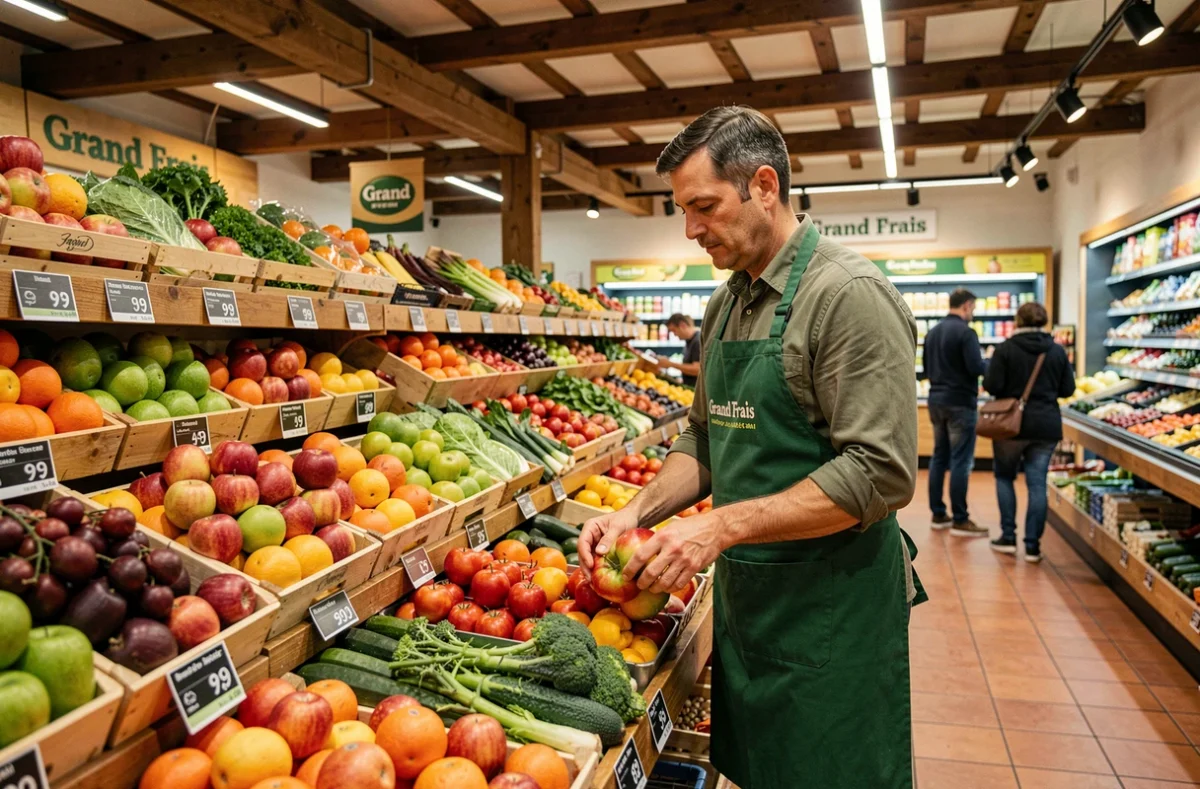 Intérieur d'un Grand Frais avec rayons fruits et légumes et employé en rayon