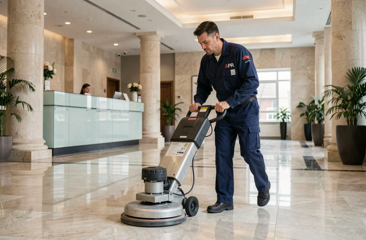 Agent de nettoyage JCB Nettoyage Groupe APR polissant un sol en marbre dans un hall d'entreprise