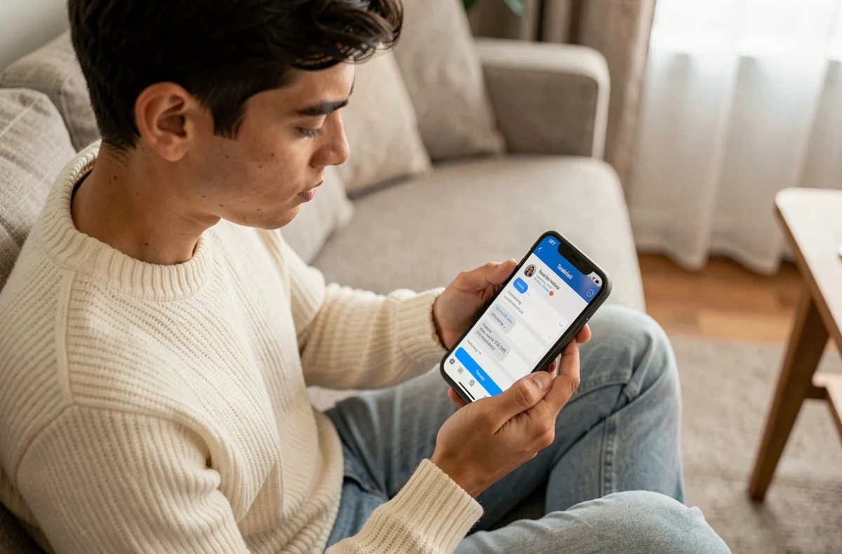 Jeune adulte rédigeant un message via un formulaire de contact sur smartphone depuis son salon