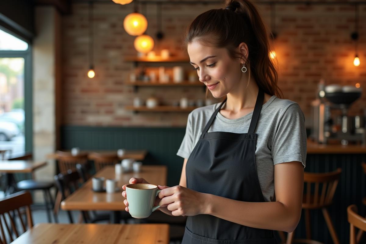 Jeune barista dans un café en pause avec tasse en main