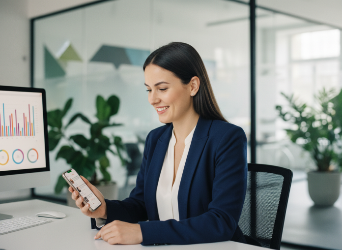 Jeune comptable souriante dans un bureau moderne