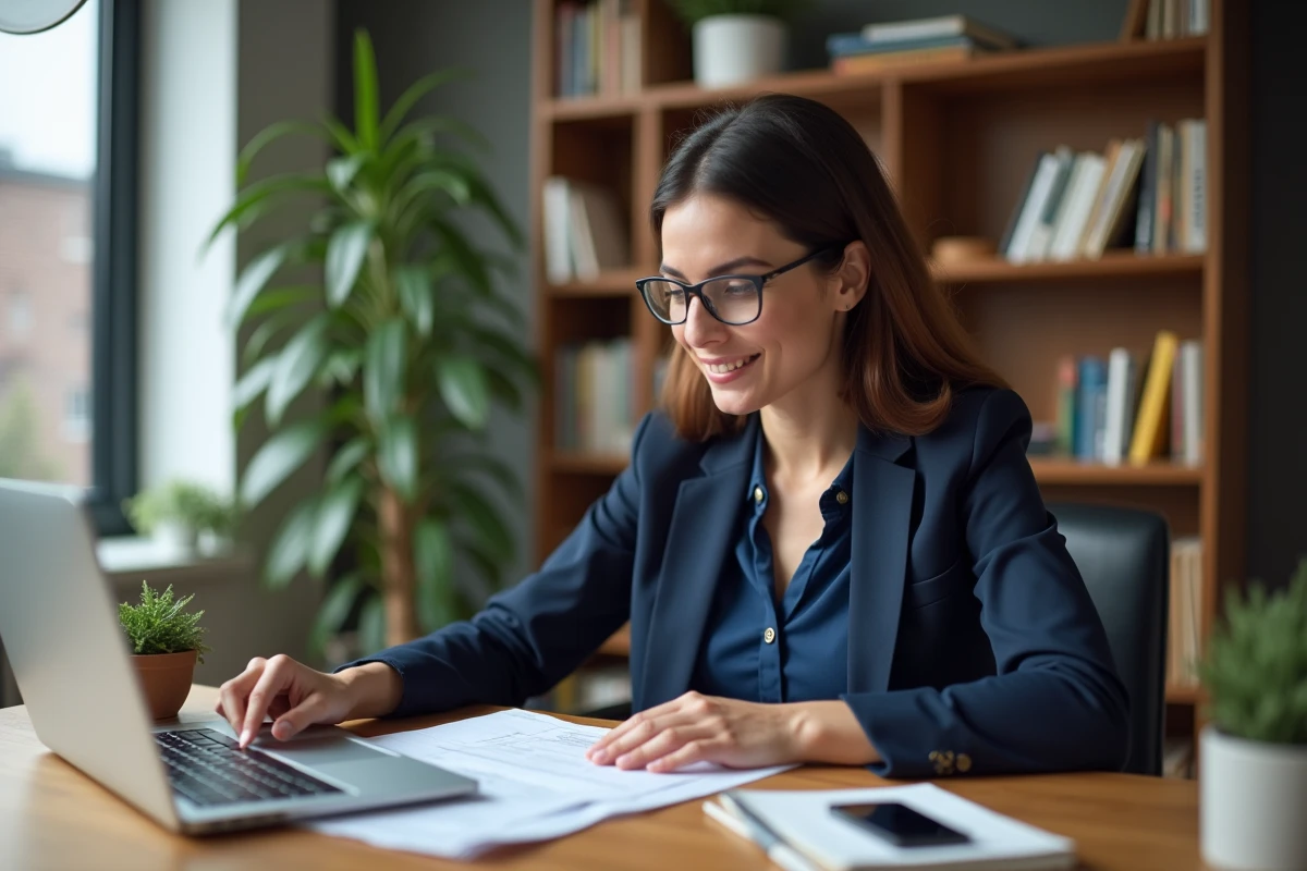 Femme professionnelle souriante dans un bureau moderne