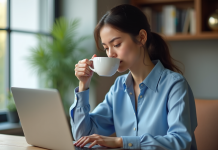 Jeune femme au bureau vérifiant son ordinateur portable