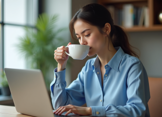 Jeune femme au bureau vérifiant son ordinateur portable