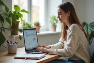 Jeune femme au bureau avec ordinateur et agenda ouvert