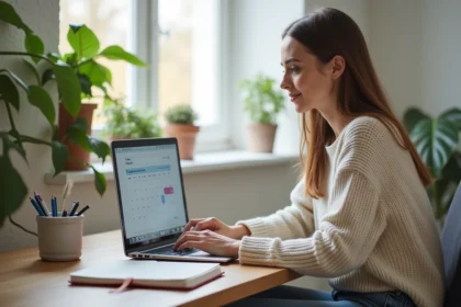 Jeune femme au bureau avec ordinateur et agenda ouvert
