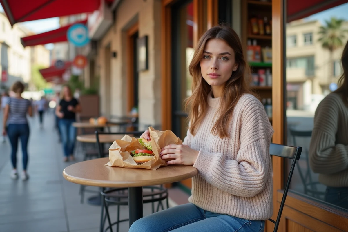 Jeune femme dégustant un burger en Corse en extérieur