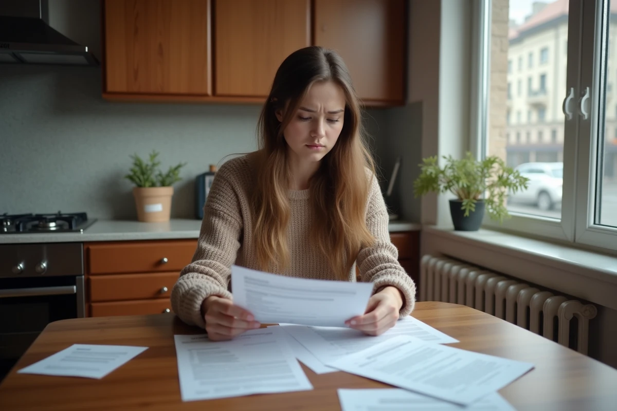 Jeune femme examinant des papiers dans la cuisine