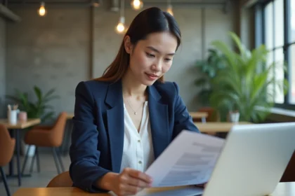 Jeune femme consultant un site de rencontres-emploi sur un ordinateur portable dans un espace de coworking moderne, idéal pour trouver un stage ou une alternance en 2026