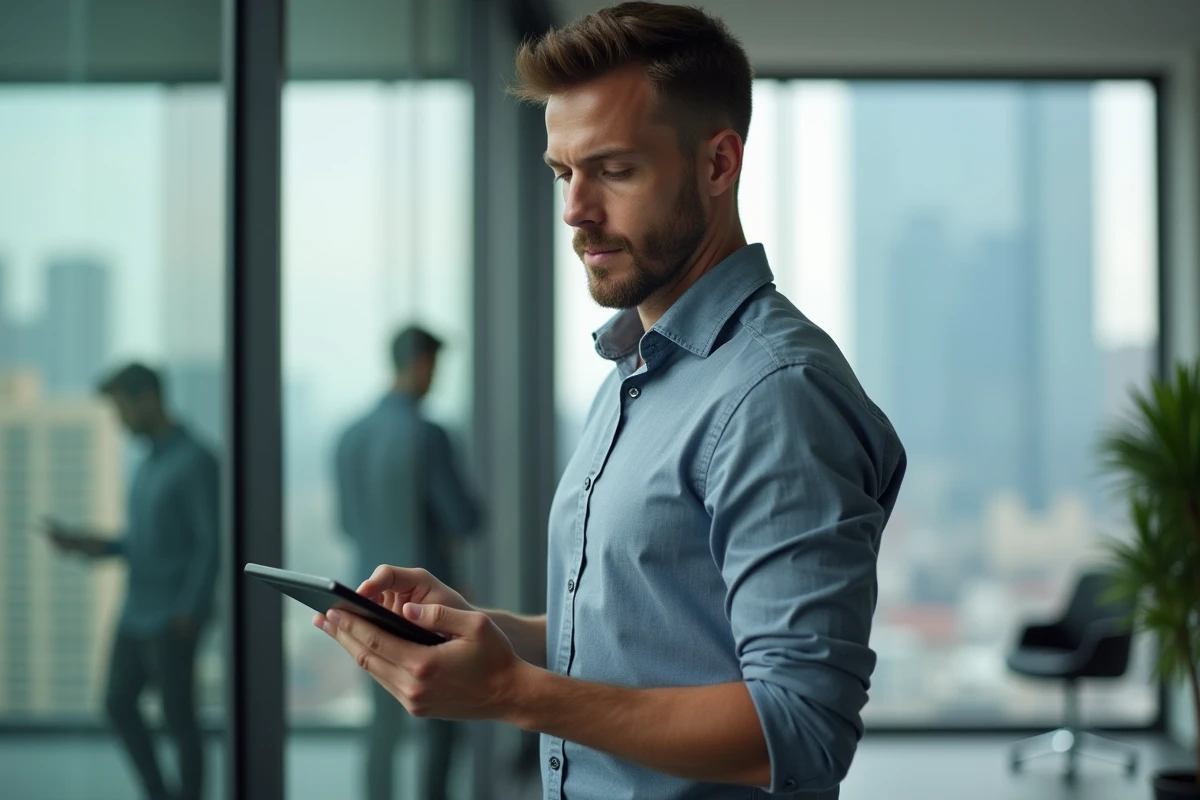 Jeune homme discutant stratégie de risque avec tablette en main