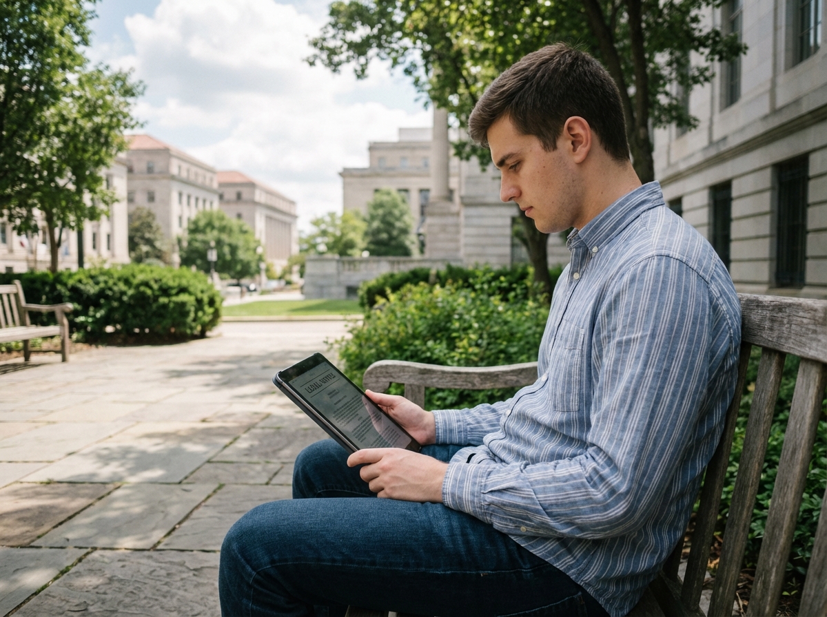 Jeune homme lisant une notice sur une tablette dans un parc