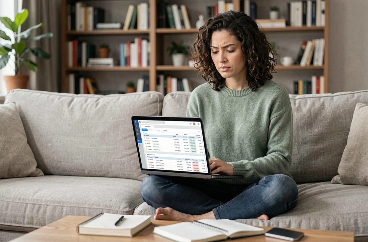 Jeune salariée consultant ses fiches de paie archivées en ligne depuis son canapé avant d'accepter la dématérialisation